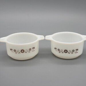 Vintage Dynaware Pyr-O-Rey Brown Daisy Pattern Glass Bowls With Side Handles Set